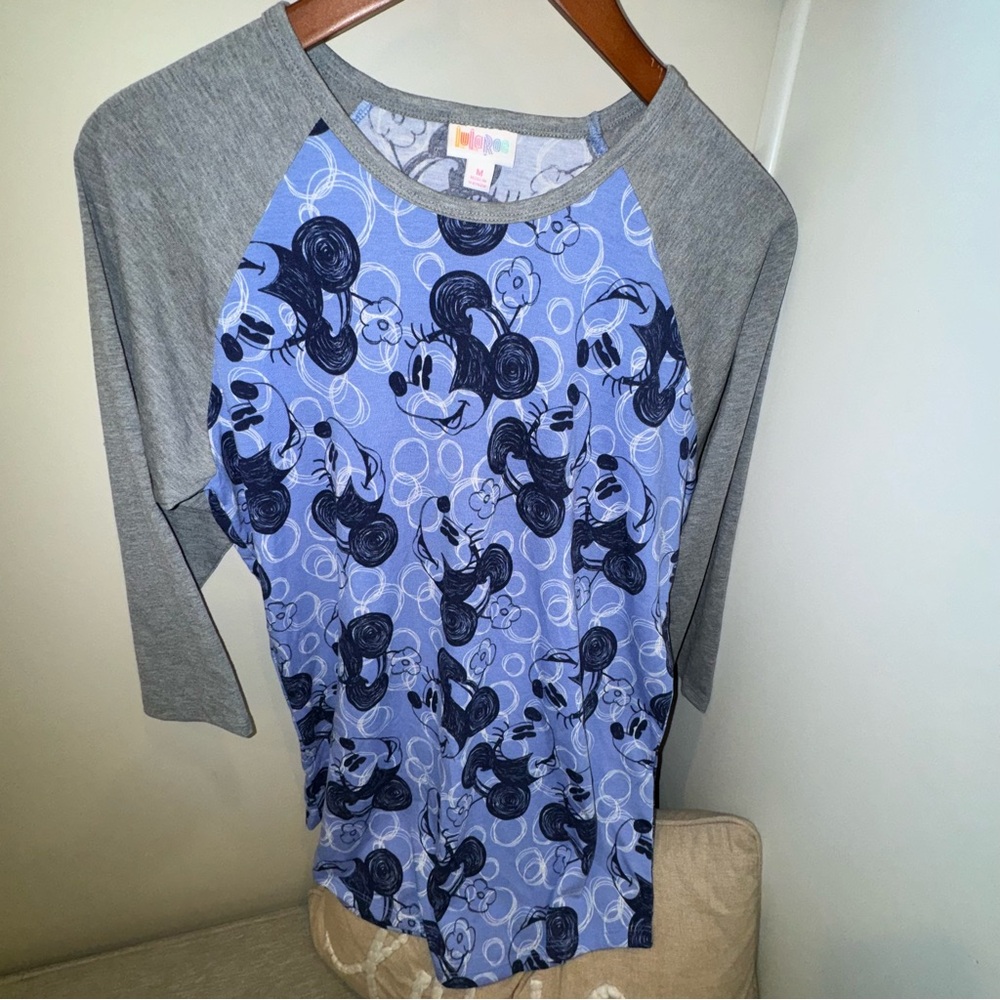 NWOT LuLaRoe, Med, Randy, Disney, Minnie Mouse, blue jersey with grey sleeves.